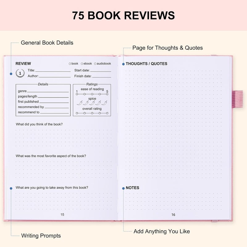 COMKISO Store Reading Journal for Book Lovers - 75 Book Journal Reading Log for Book Tracking, A5 Linen Book Review Journal with TBR Tracker List, Ratings, Challenges, Prompts, and Index - Pink - Image 4